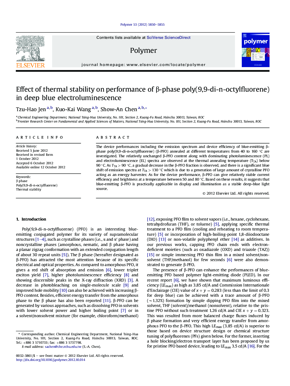 Effect of thermal stability on performance of Î²-phase poly(9,9-di-n-octylfluorene) in deep blue electroluminescence