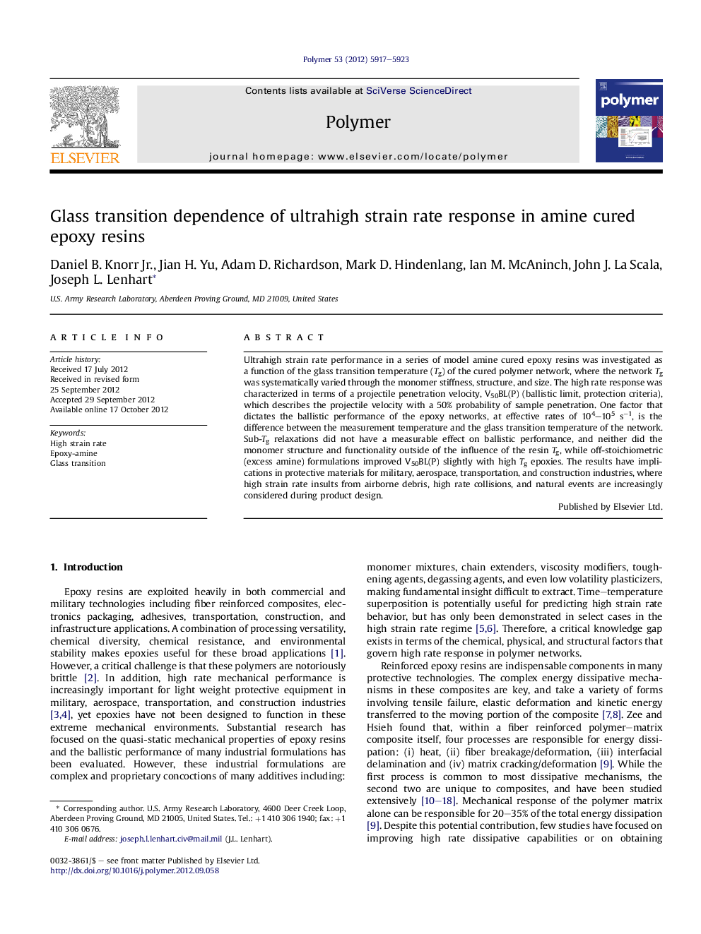 عکس صفحه اول مقاله: Glass transition dependence of ultrahigh strain rate response in amine cured epoxy resins Glass transition dependence of ultrahigh strain rate response in amine cured epoxy resins