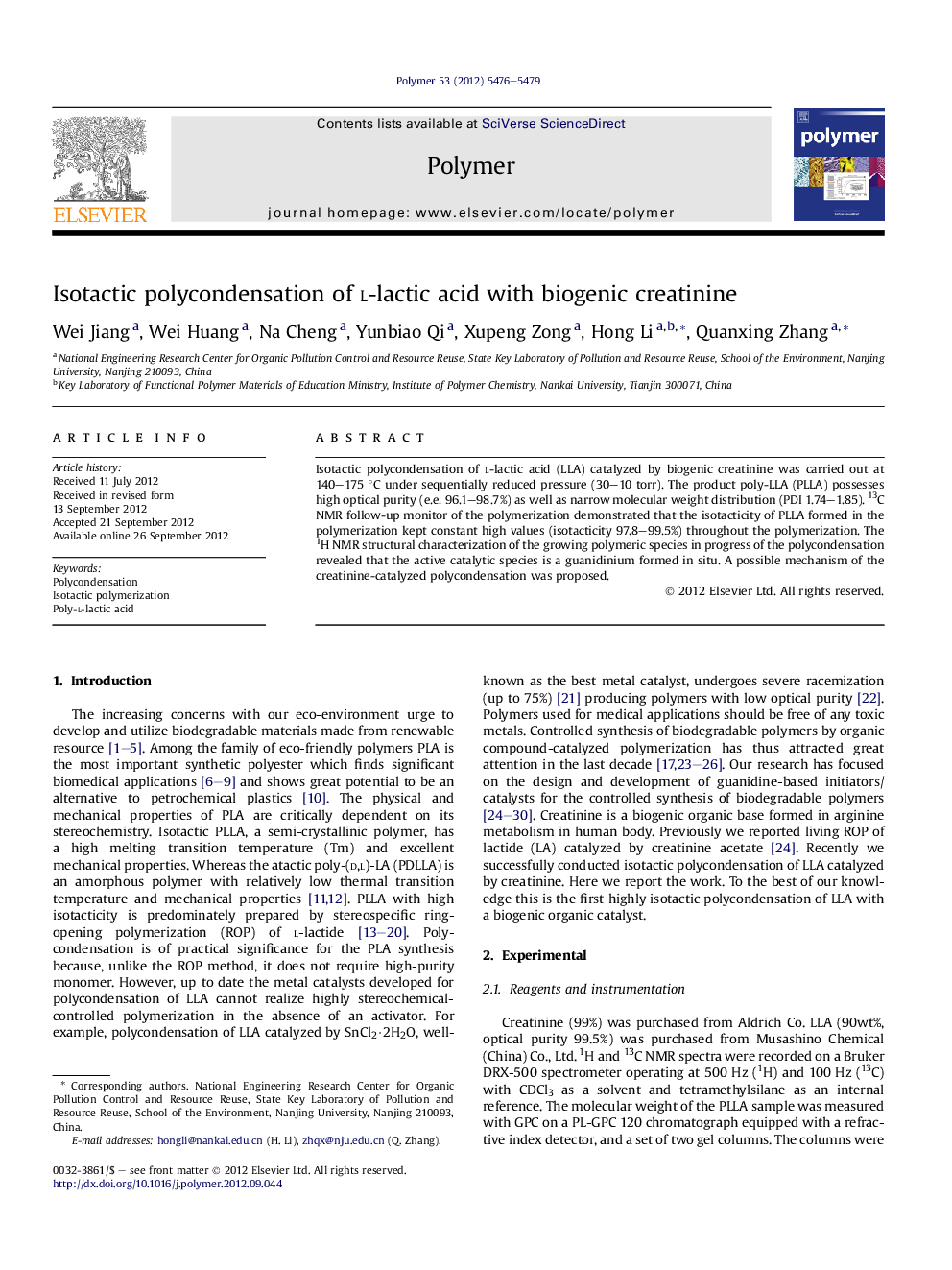 Isotactic polycondensation of l-lactic acid with biogenic creatinine