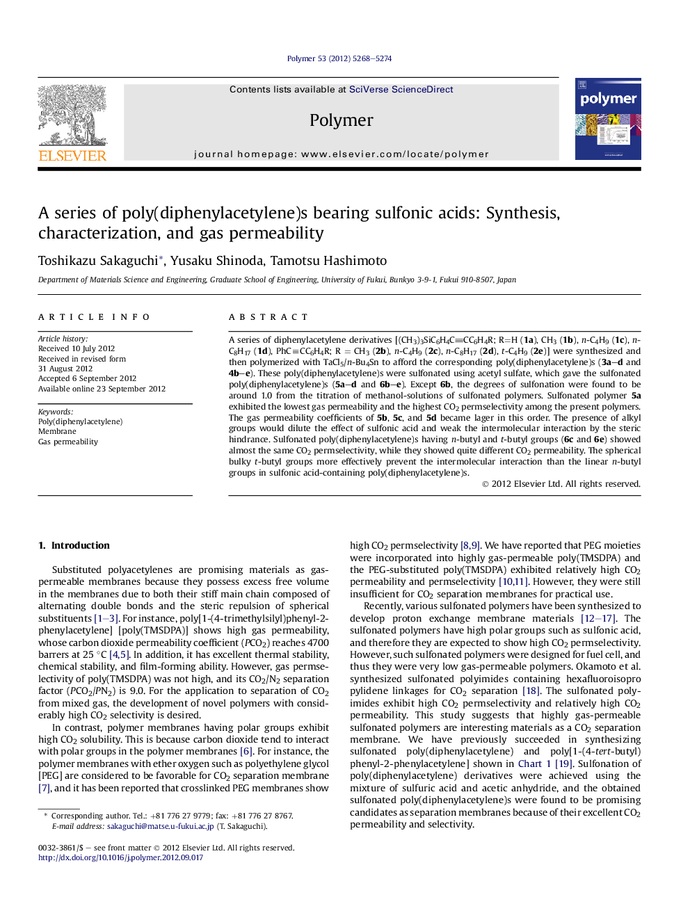 A series of poly(diphenylacetylene)s bearing sulfonic acids: Synthesis, characterization, and gas permeability