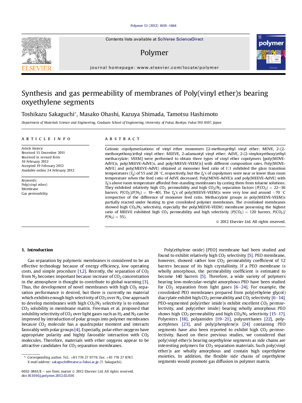 Synthesis and gas permeability of membranes of Poly(vinyl ether)s bearing oxyethylene segments