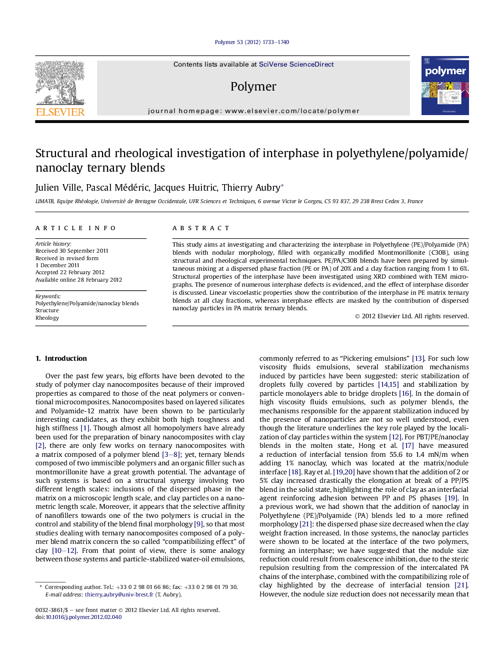 Structural and rheological investigation of interphase in polyethylene/polyamide/nanoclay ternary blends