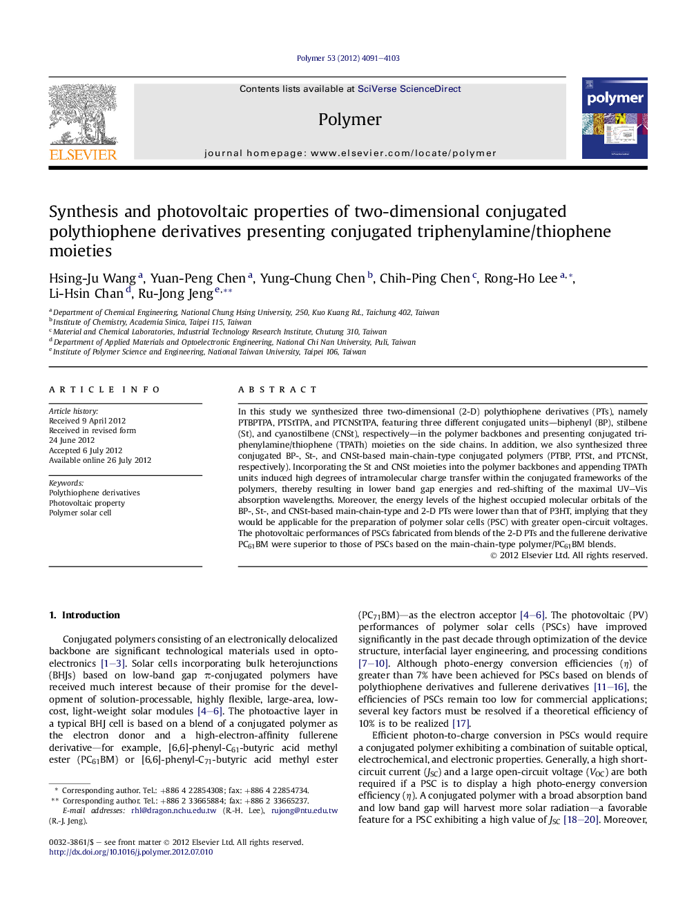 Synthesis and photovoltaic properties of two-dimensional conjugated polythiophene derivatives presenting conjugated triphenylamine/thiophene moieties