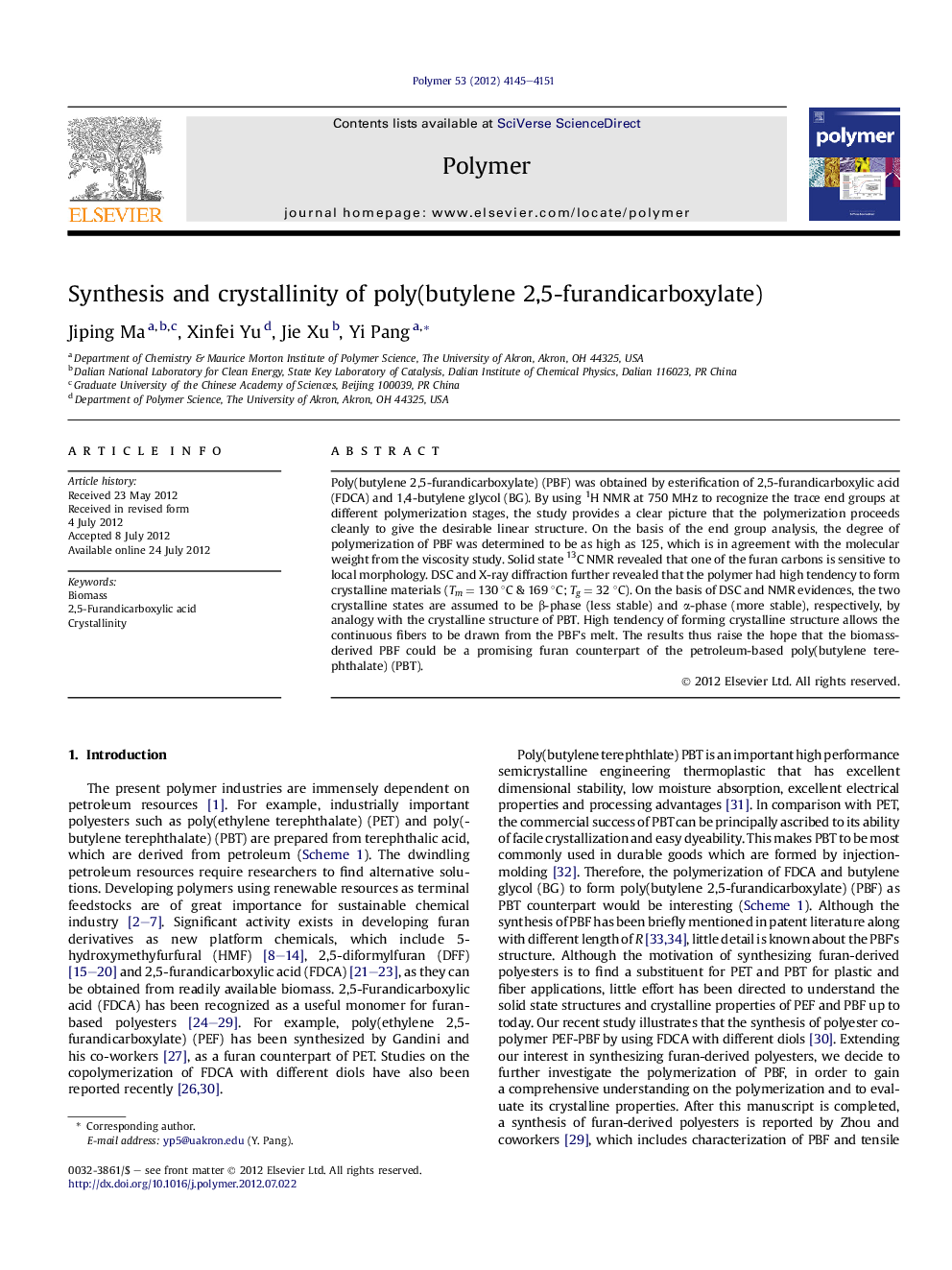 Synthesis and crystallinity of poly(butylene 2,5-furandicarboxylate)