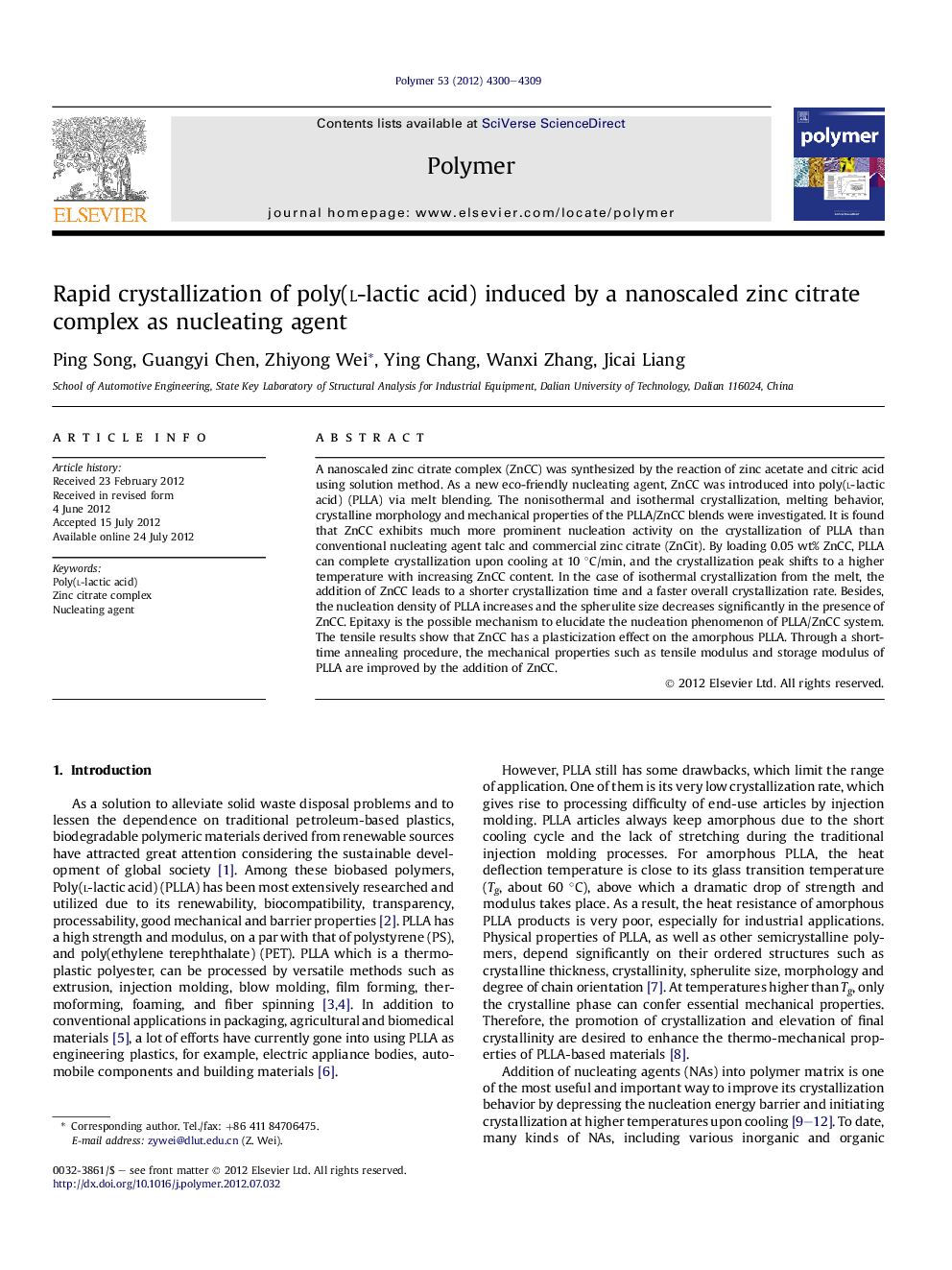 Rapid crystallization of poly(l-lactic acid) induced by a nanoscaled zinc citrate complex as nucleating agent