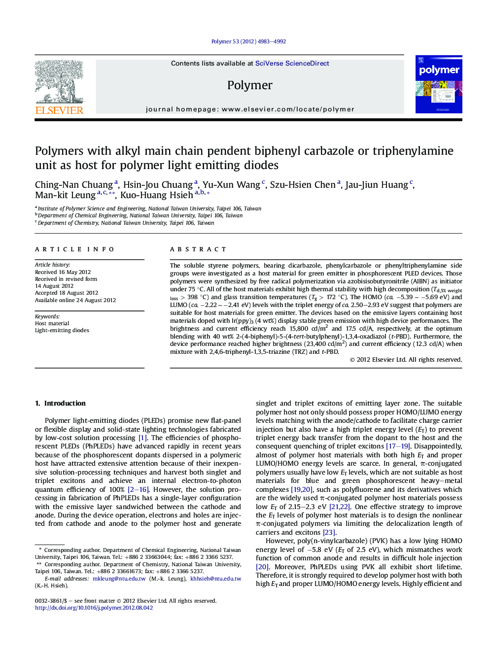 Polymers with alkyl main chain pendent biphenyl carbazole or triphenylamine unit as host for polymer light emitting diodes