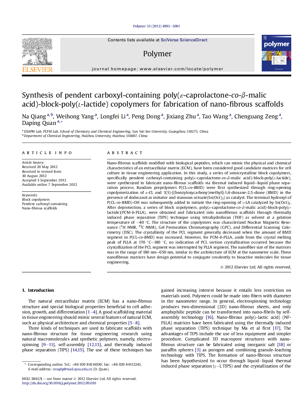 Synthesis of pendent carboxyl-containing poly(Îµ-caprolactone-co-Î²-malic acid)-block-poly(l-lactide) copolymers for fabrication of nano-fibrous scaffolds