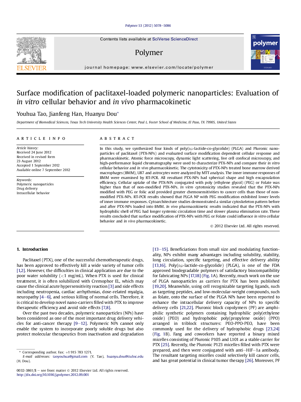 Surface modification of paclitaxel-loaded polymeric nanoparticles: Evaluation of inÂ vitro cellular behavior and inÂ vivo pharmacokinetic