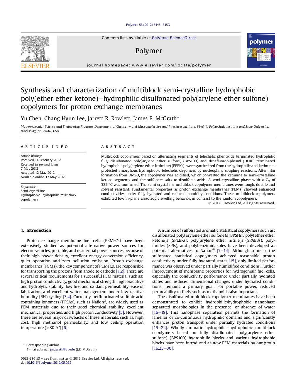 Synthesis and characterization of multiblock semi-crystalline hydrophobic poly(ether ether ketone)-hydrophilic disulfonated poly(arylene ether sulfone) copolymers for proton exchange membranes