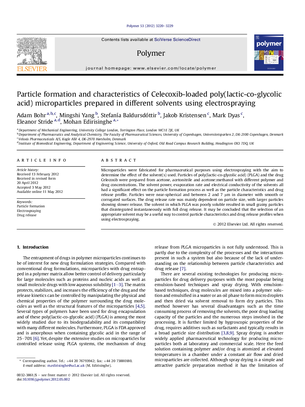 Particle formation and characteristics of Celecoxib-loaded poly(lactic-co-glycolic acid) microparticles prepared in different solvents using electrospraying