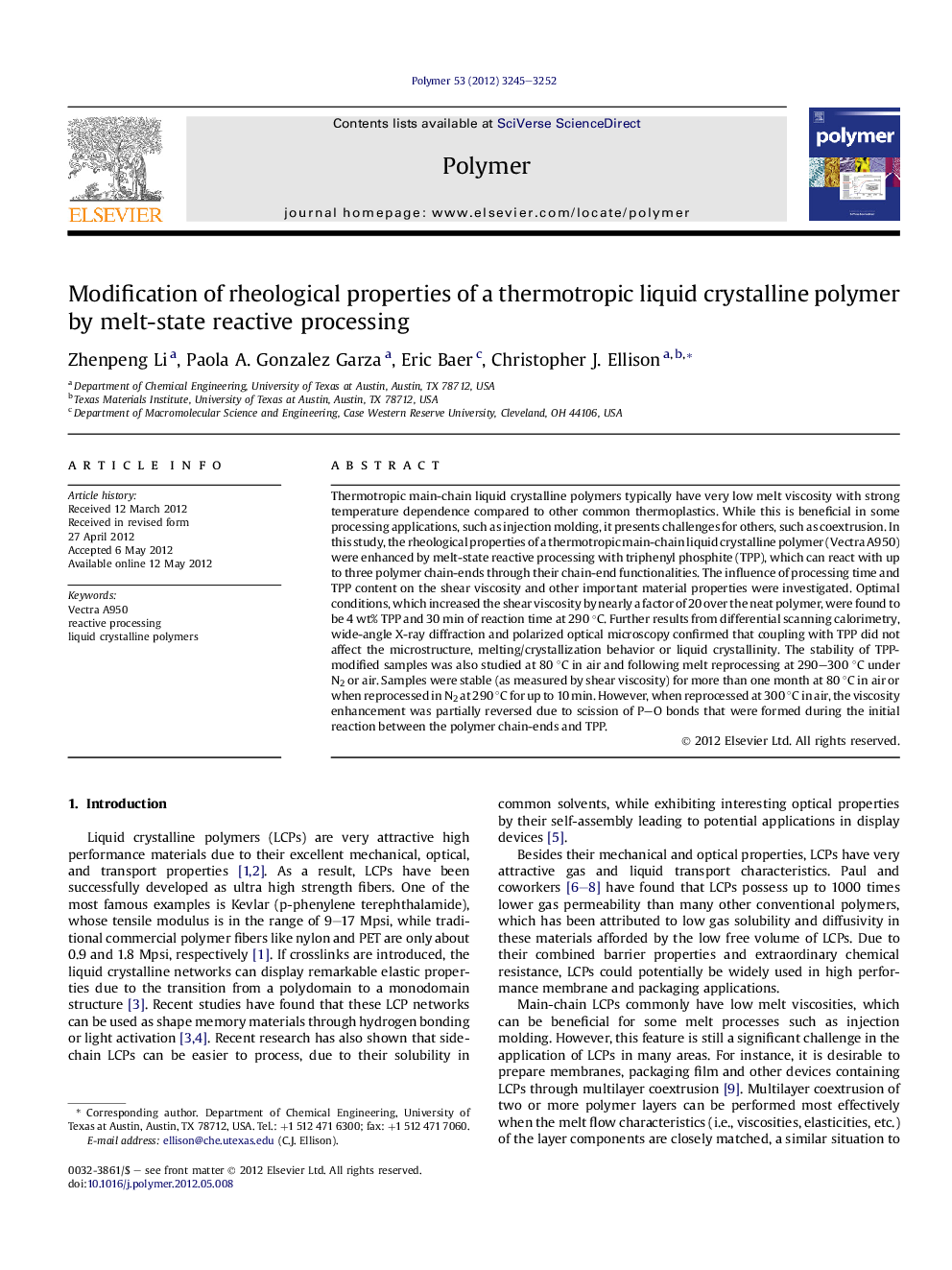 Modification of rheological properties of a thermotropic liquid crystalline polymer by melt-state reactive processing