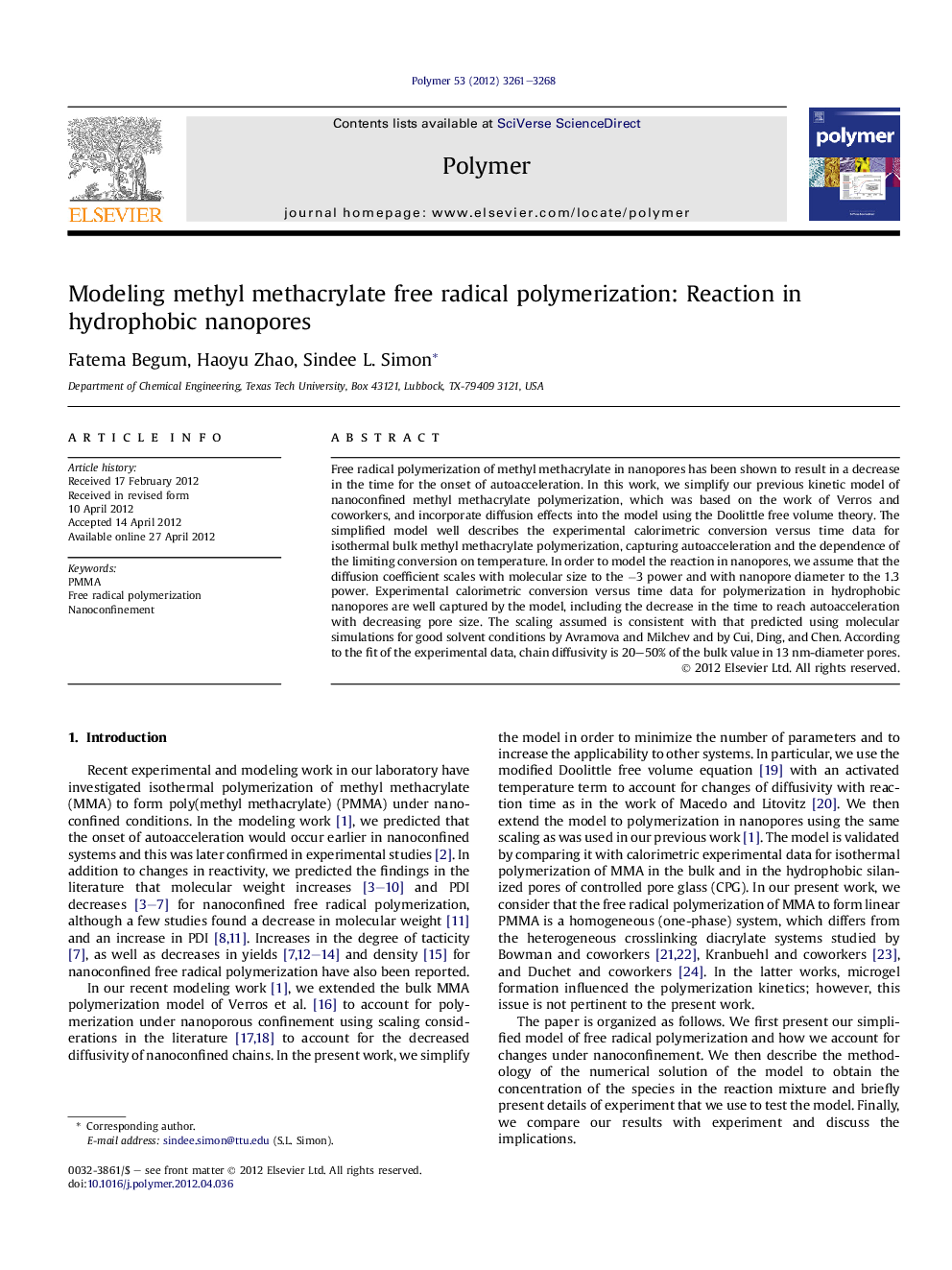 Modeling methyl methacrylate free radical polymerization: Reaction in hydrophobic nanopores