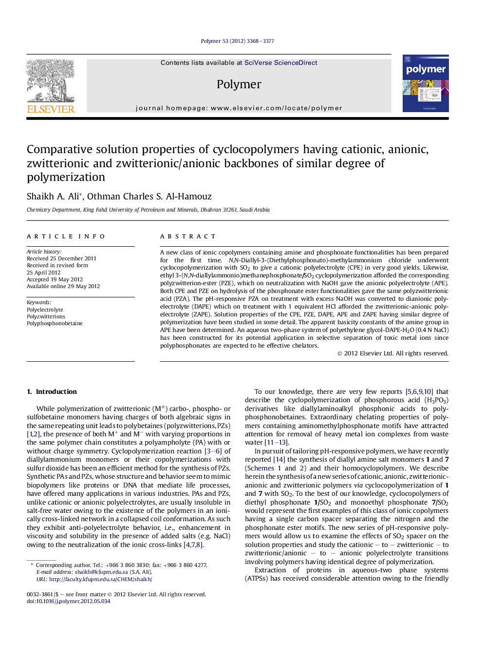 Comparative solution properties of cyclocopolymers having cationic, anionic, zwitterionic and zwitterionic/anionic backbones of similar degree of polymerization