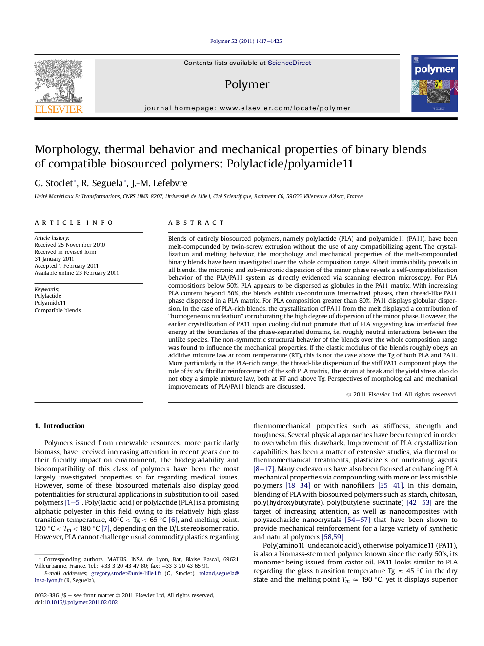 Morphology, thermal behavior and mechanical properties of binary blends of compatible biosourced polymers: Polylactide/polyamide11