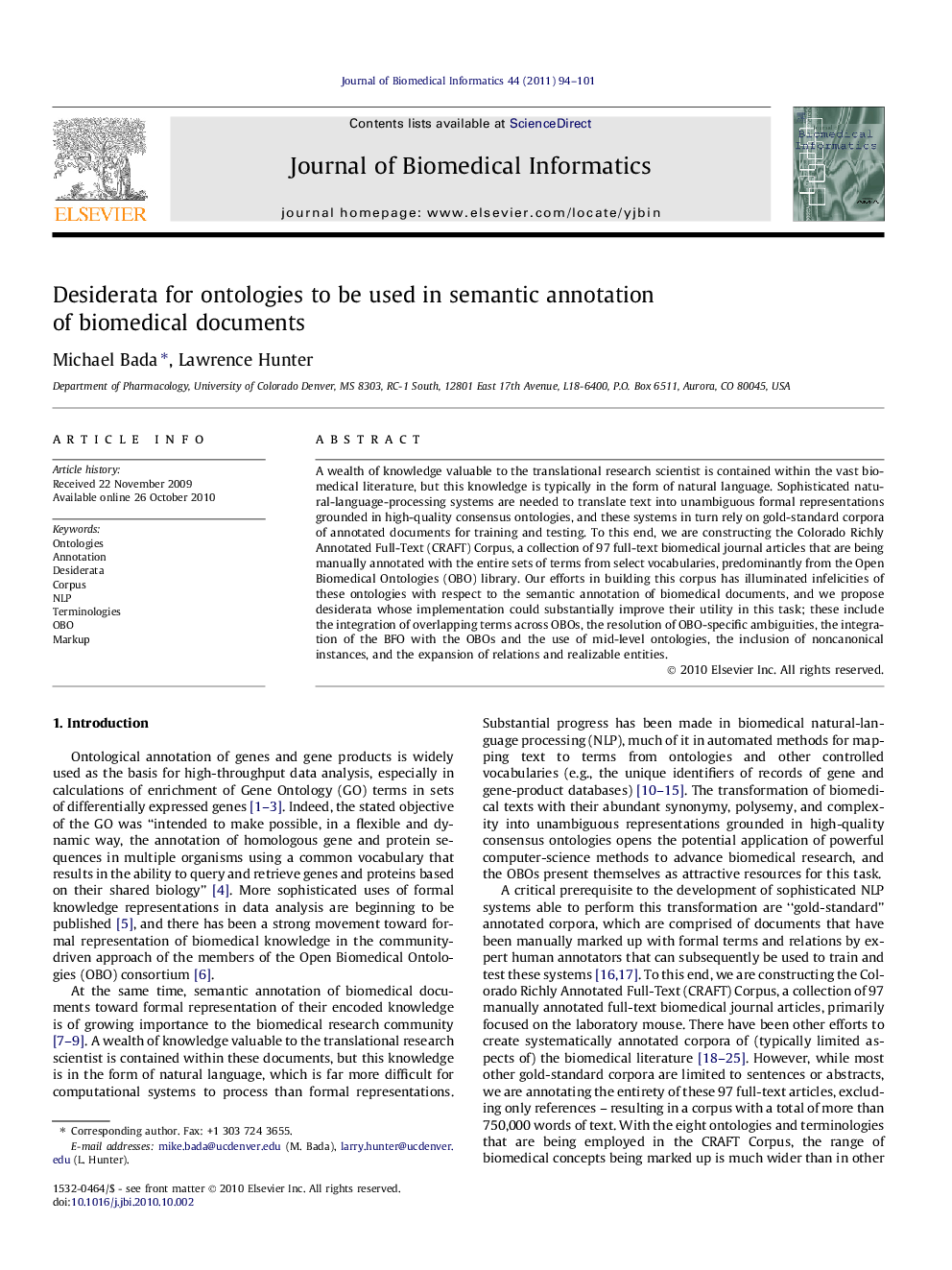 Desiderata for ontologies to be used in semantic annotation of biomedical documents