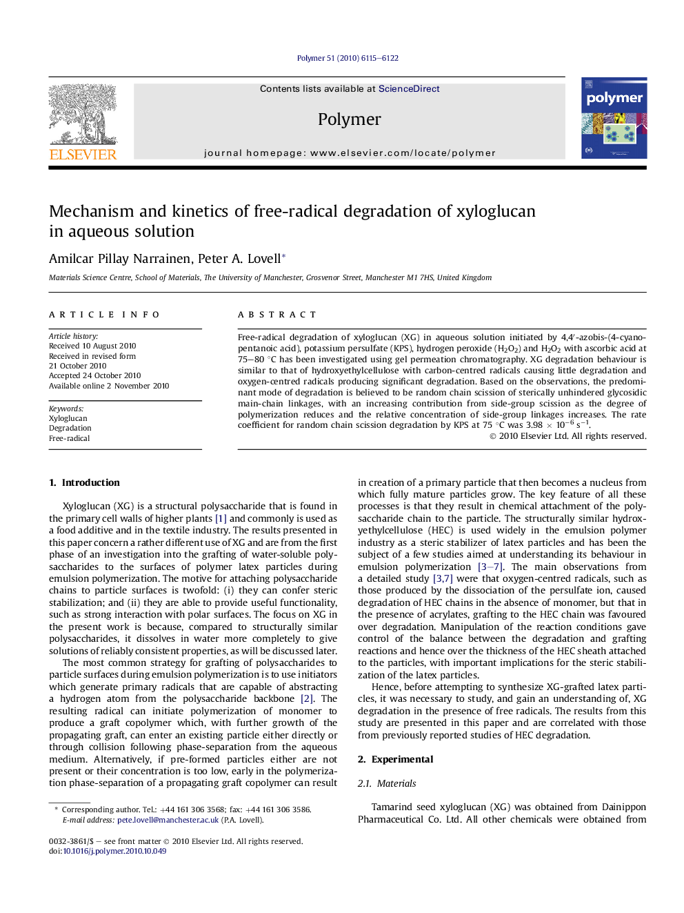 Mechanism and kinetics of free-radical degradation of xyloglucan in aqueous solution