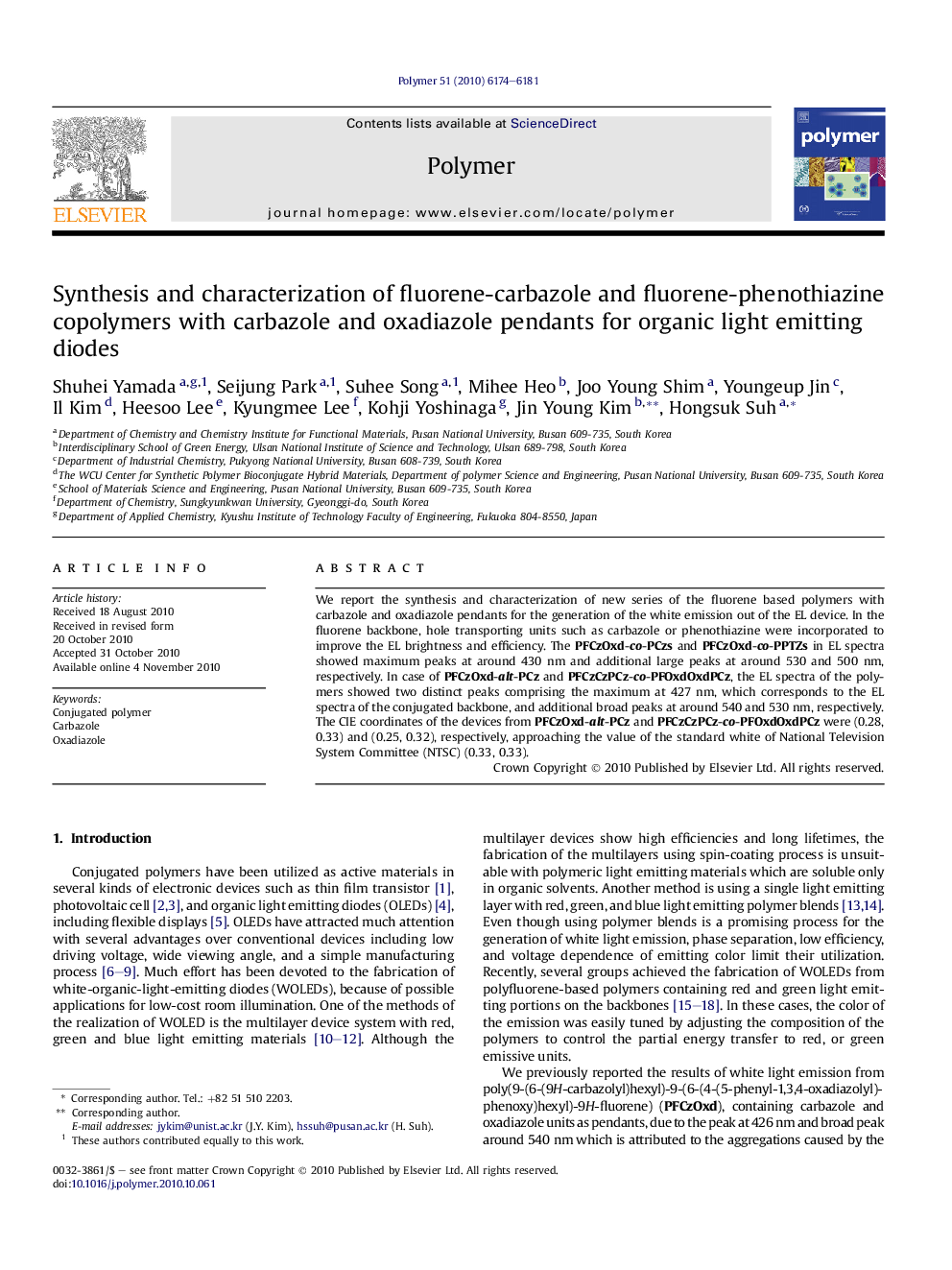 Synthesis and characterization of fluorene-carbazole and fluorene-phenothiazine copolymers with carbazole and oxadiazole pendants for organic light emitting diodes