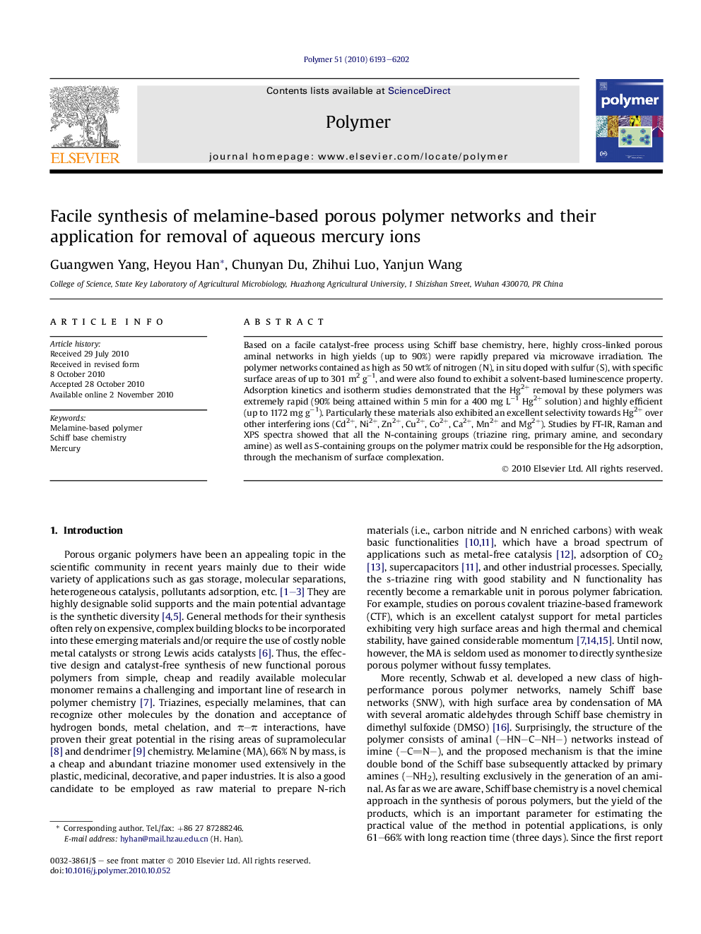 Facile synthesis of melamine-based porous polymer networks and their application for removal of aqueous mercury ions