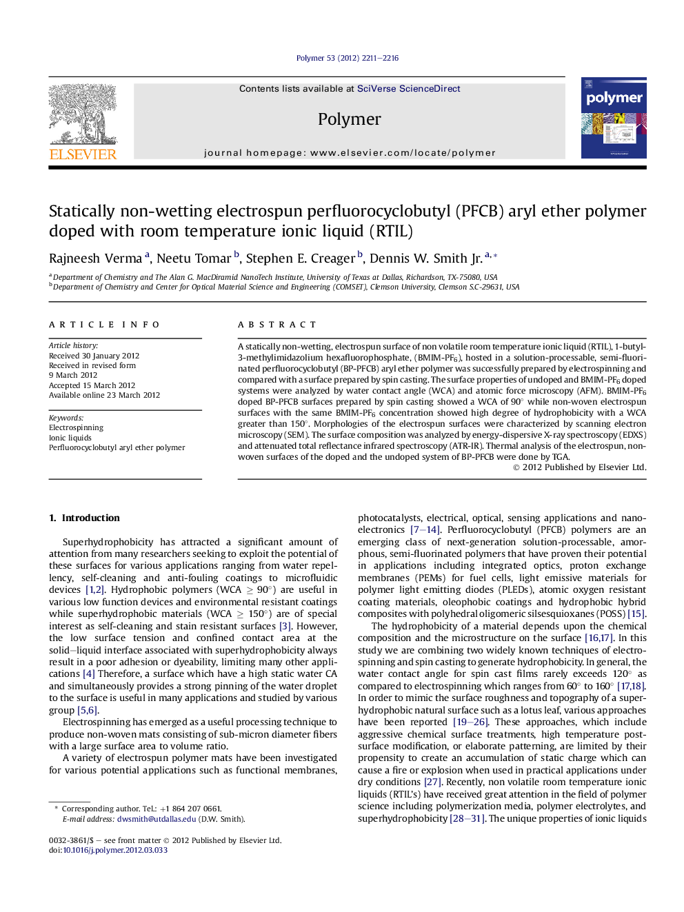 Statically non-wetting electrospun perfluorocyclobutyl (PFCB) aryl ether polymer doped with room temperature ionic liquid (RTIL)