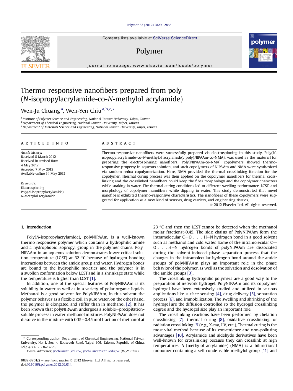 Thermo-responsive nanofibers prepared from poly(N-isopropylacrylamide-co-N-methylol acrylamide)