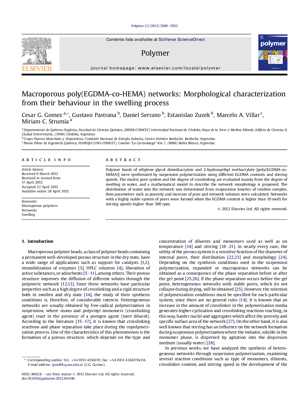 Macroporous poly(EGDMA-co-HEMA) networks: Morphological characterization from their behaviour in the swelling process