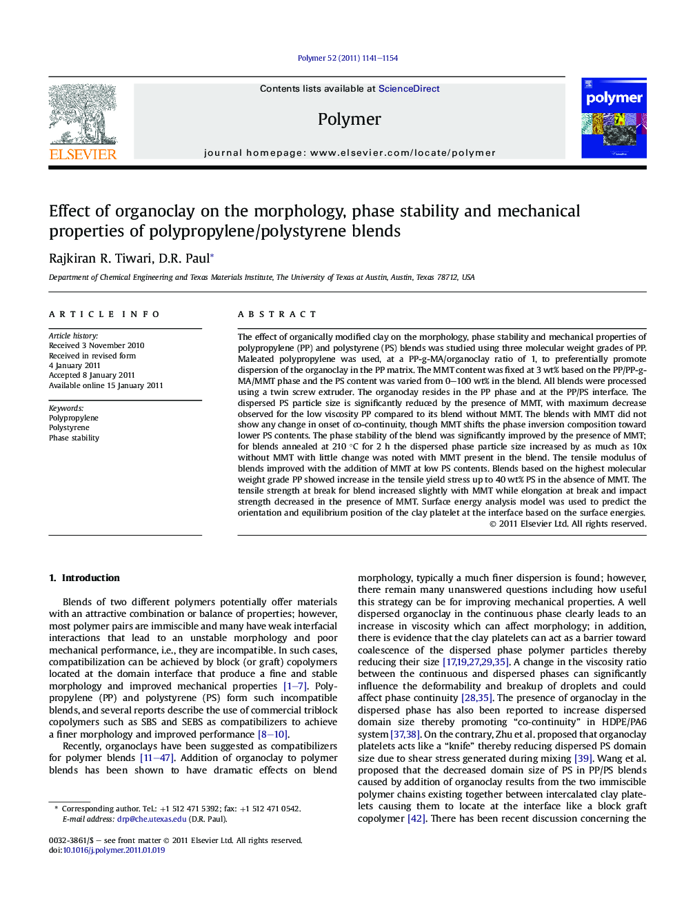 Effect of organoclay on the morphology, phase stability and mechanical properties of polypropylene/polystyrene blends