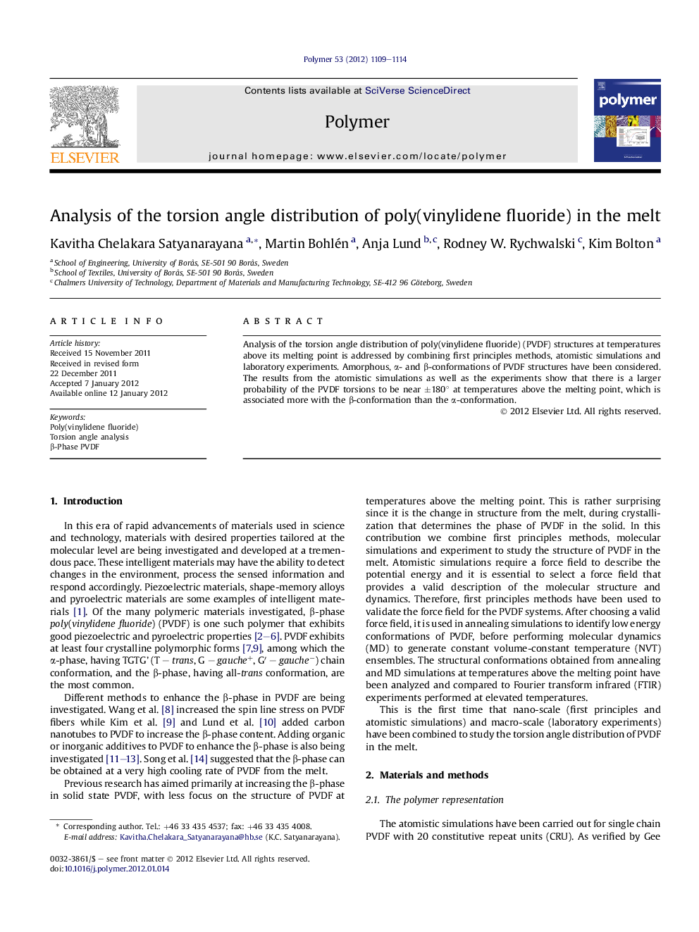 Analysis of the torsion angle distribution of poly(vinylidene fluoride) in the melt