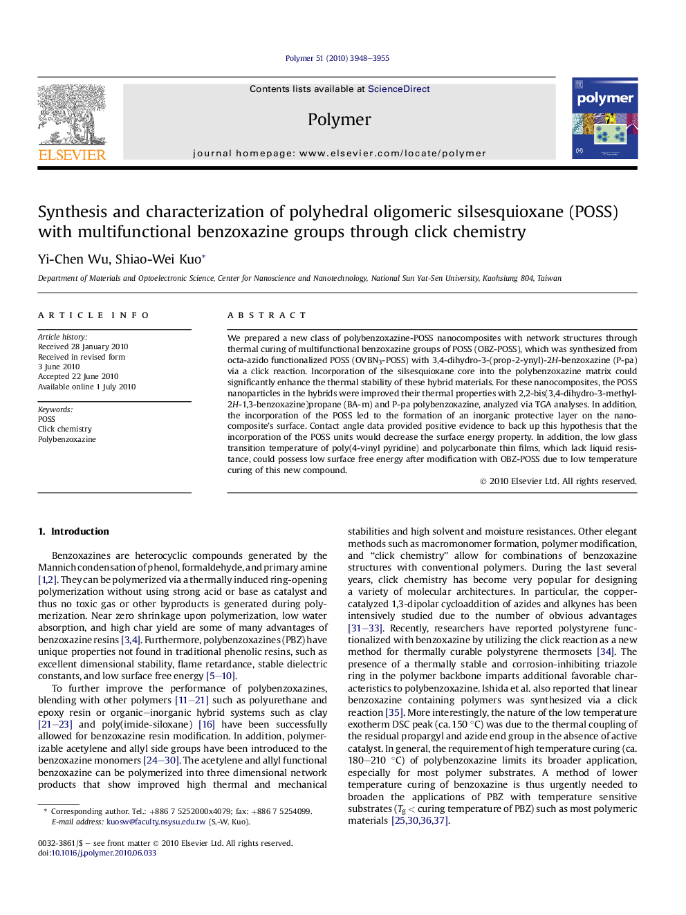 Synthesis and characterization of polyhedral oligomeric silsesquioxane (POSS) with multifunctional benzoxazine groups through click chemistry