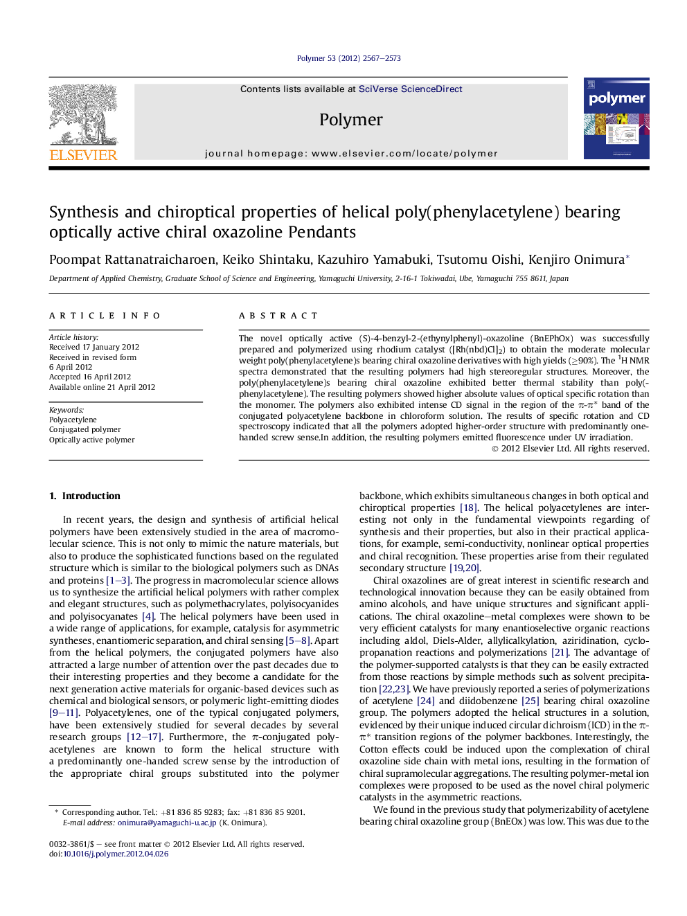 Synthesis and chiroptical properties of helical poly(phenylacetylene) bearing optically active chiral oxazoline Pendants