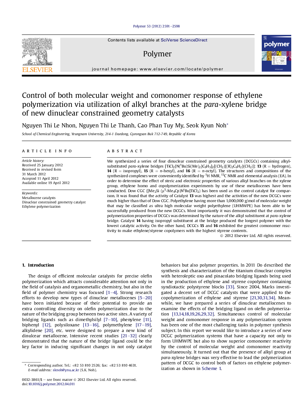 Control of both molecular weight and comonomer response of ethylene polymerization via utilization of alkyl branches at the para-xylene bridge of new dinuclear constrained geometry catalysts