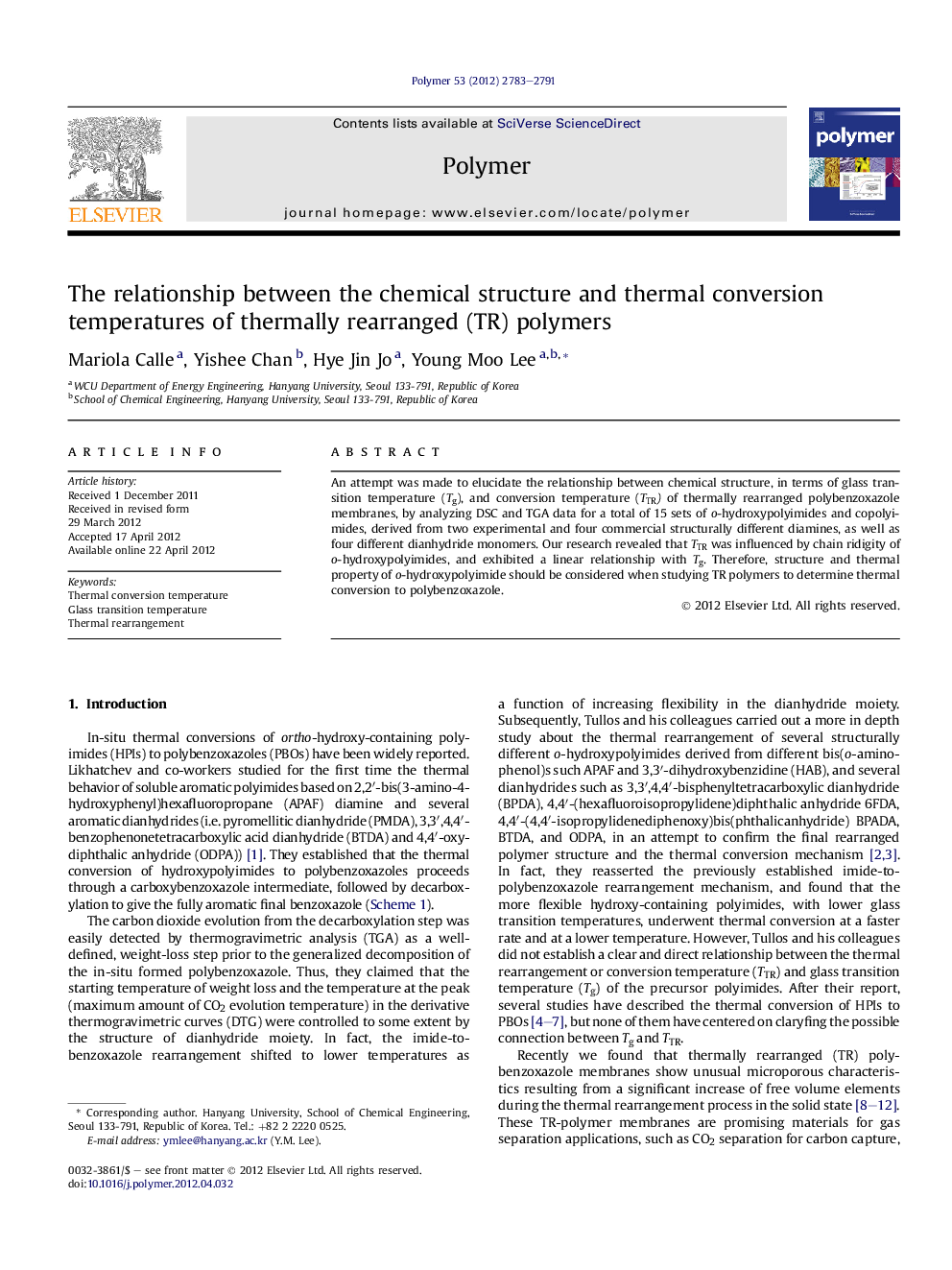 The relationship between the chemical structure and thermal conversion temperatures of thermally rearranged (TR) polymers