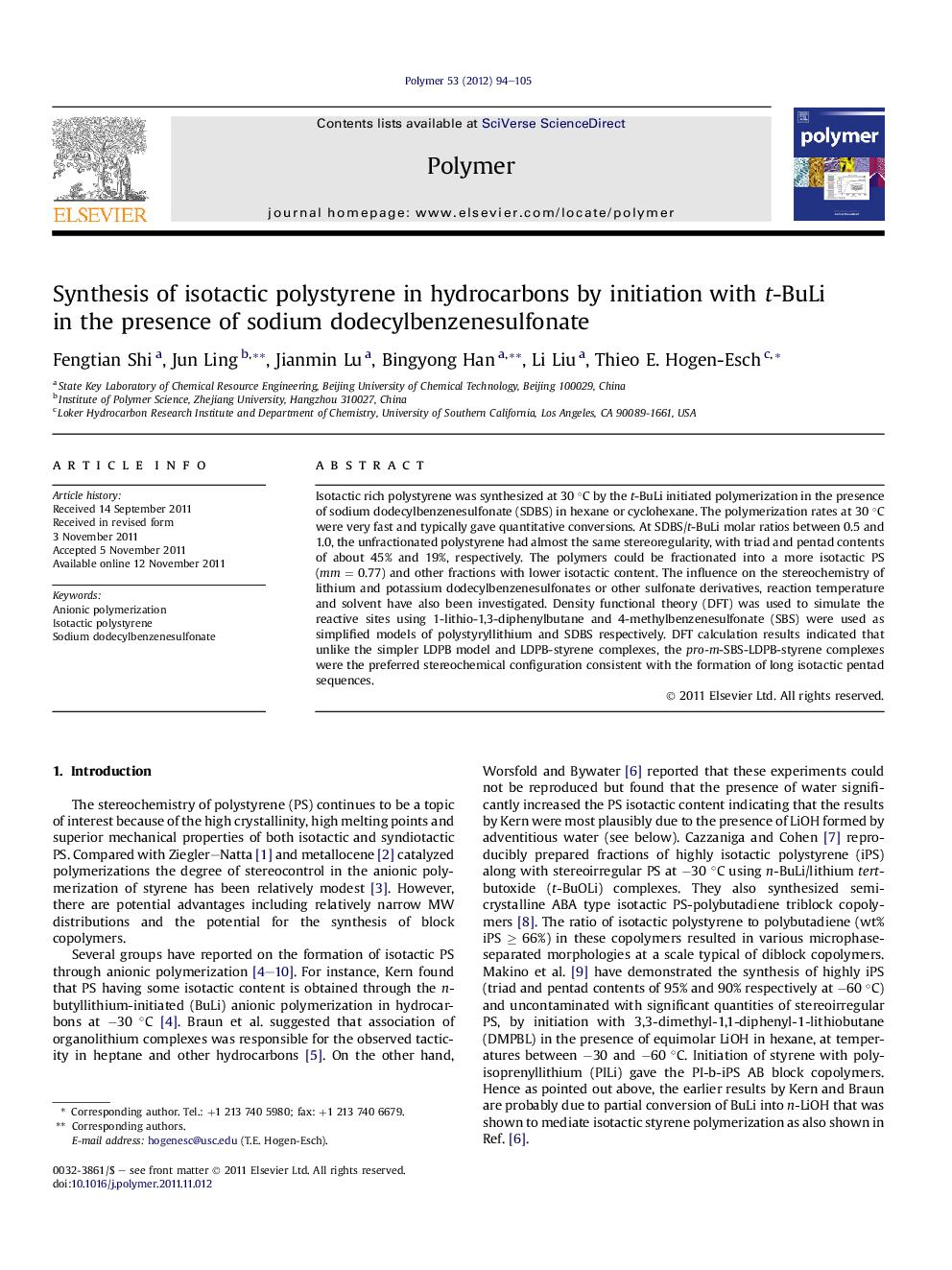 Synthesis of isotactic polystyrene in hydrocarbons by initiation with t-BuLi in the presence of sodium dodecylbenzenesulfonate