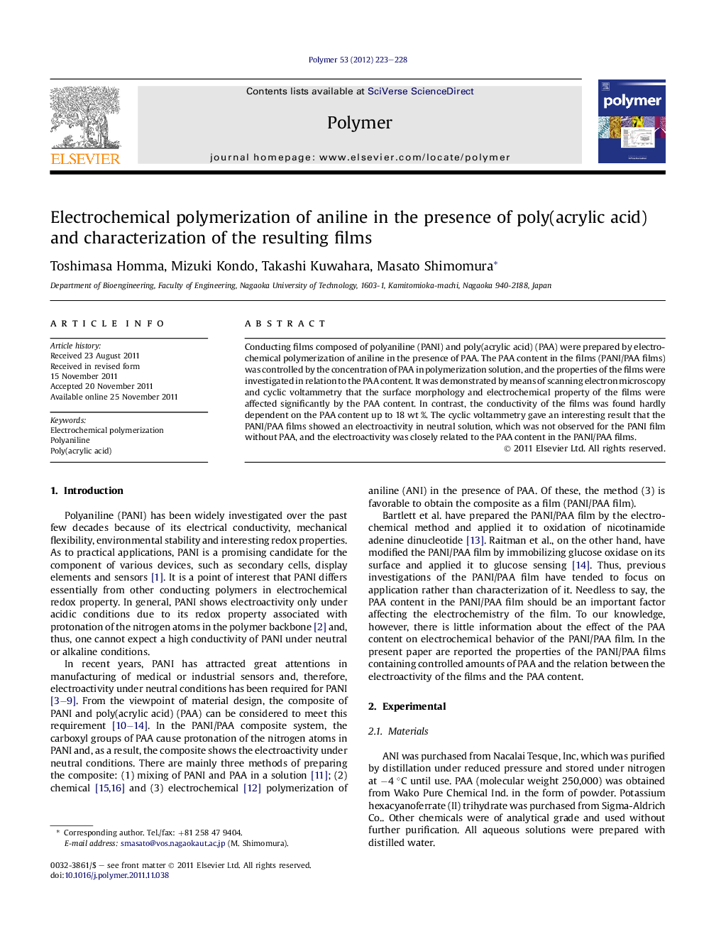 Electrochemical polymerization of aniline in the presence of poly(acrylic acid) and characterization of the resulting films