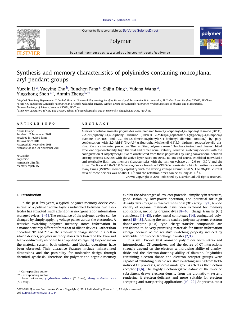 Synthesis and memory characteristics of polyimides containing noncoplanar aryl pendant groups