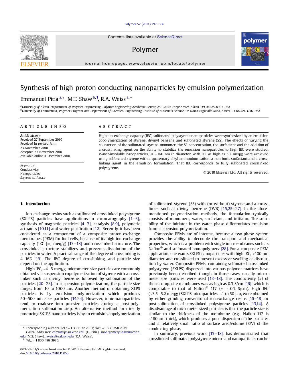 Synthesis of high proton conducting nanoparticles by emulsion polymerization