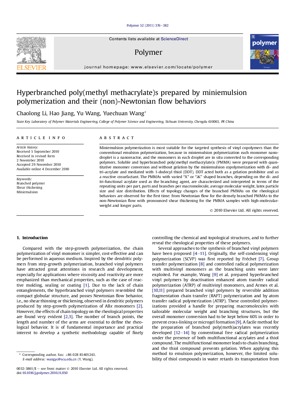 Hyperbranched poly(methyl methacrylate)s prepared by miniemulsion polymerization and their (non)-Newtonian flow behaviors