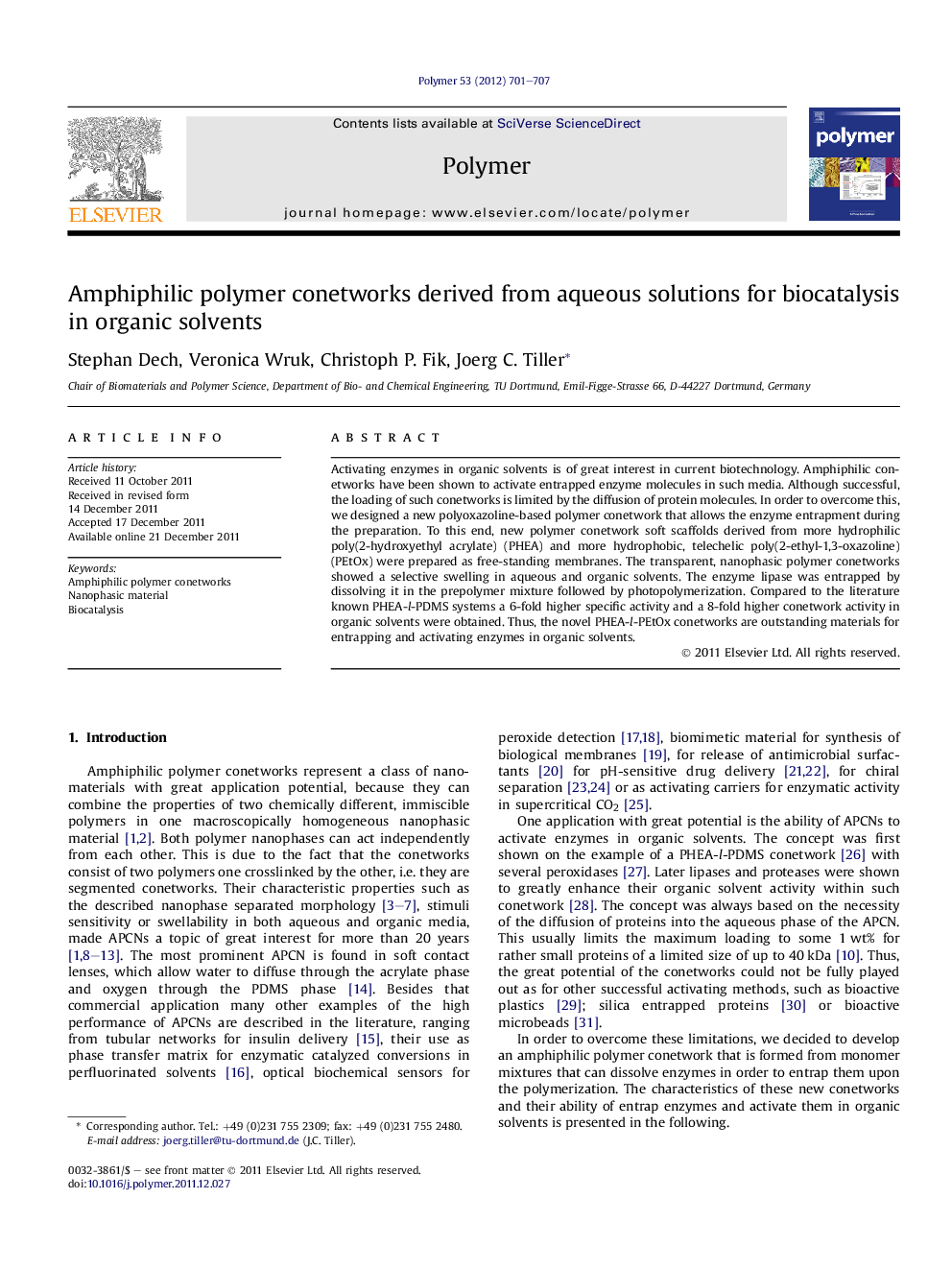 Amphiphilic polymer conetworks derived from aqueous solutions for biocatalysis in organic solvents