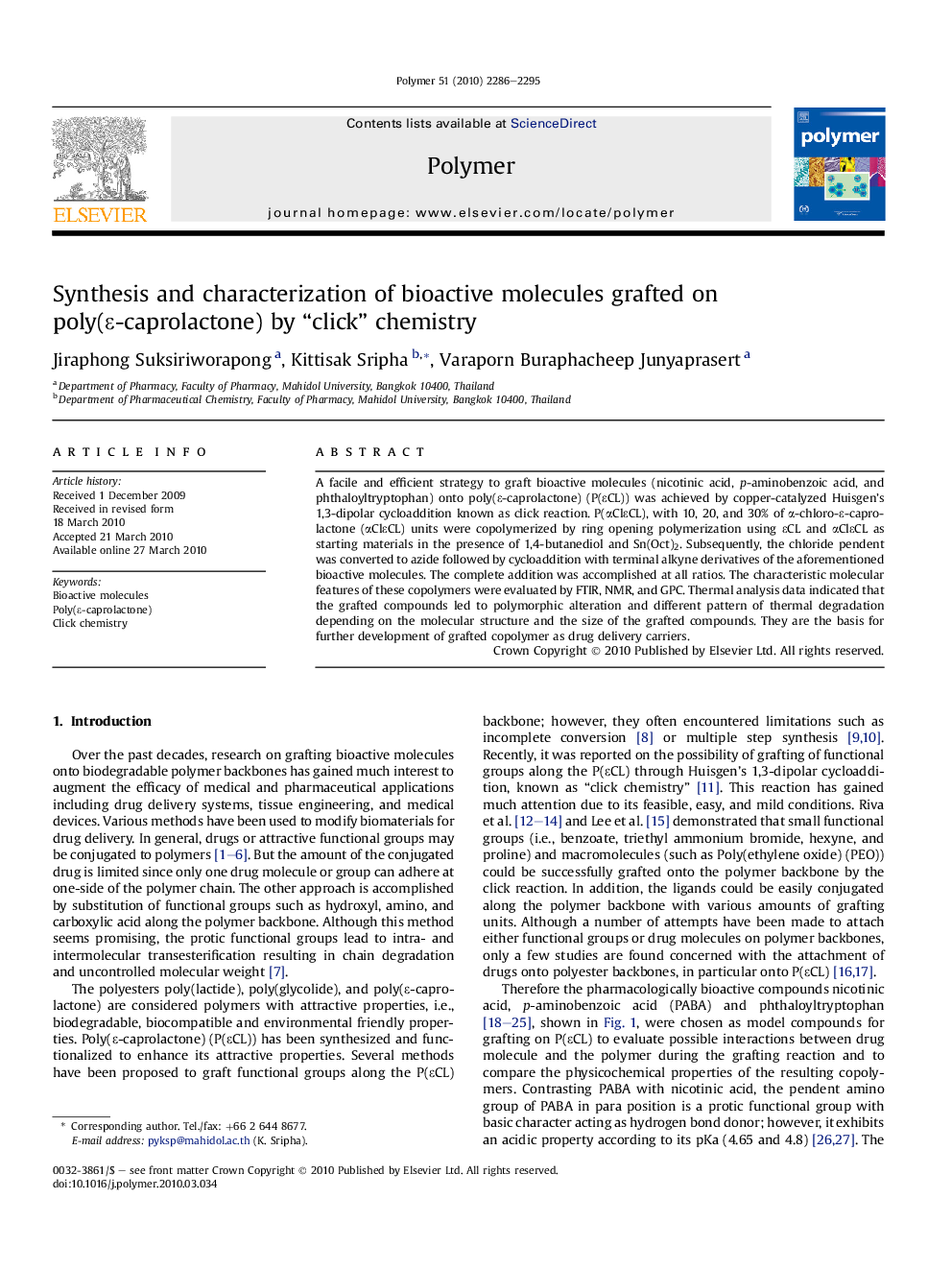 Synthesis and characterization of bioactive molecules grafted on poly(É-caprolactone) by “click” chemistry