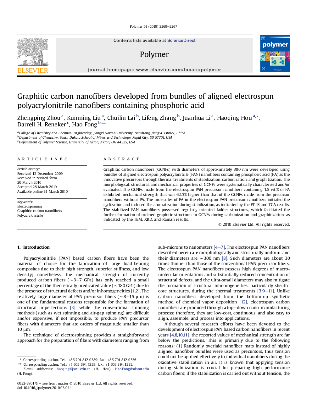 Graphitic carbon nanofibers developed from bundles of aligned electrospun polyacrylonitrile nanofibers containing phosphoric acid