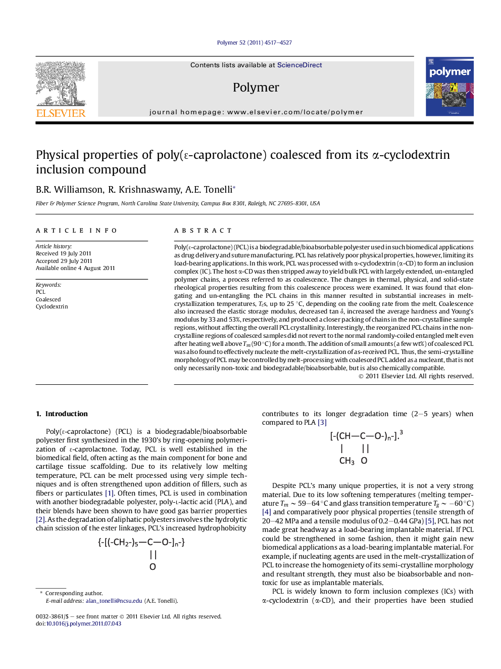 Physical properties of poly(É-caprolactone) coalesced from its Î±-cyclodextrin inclusion compound