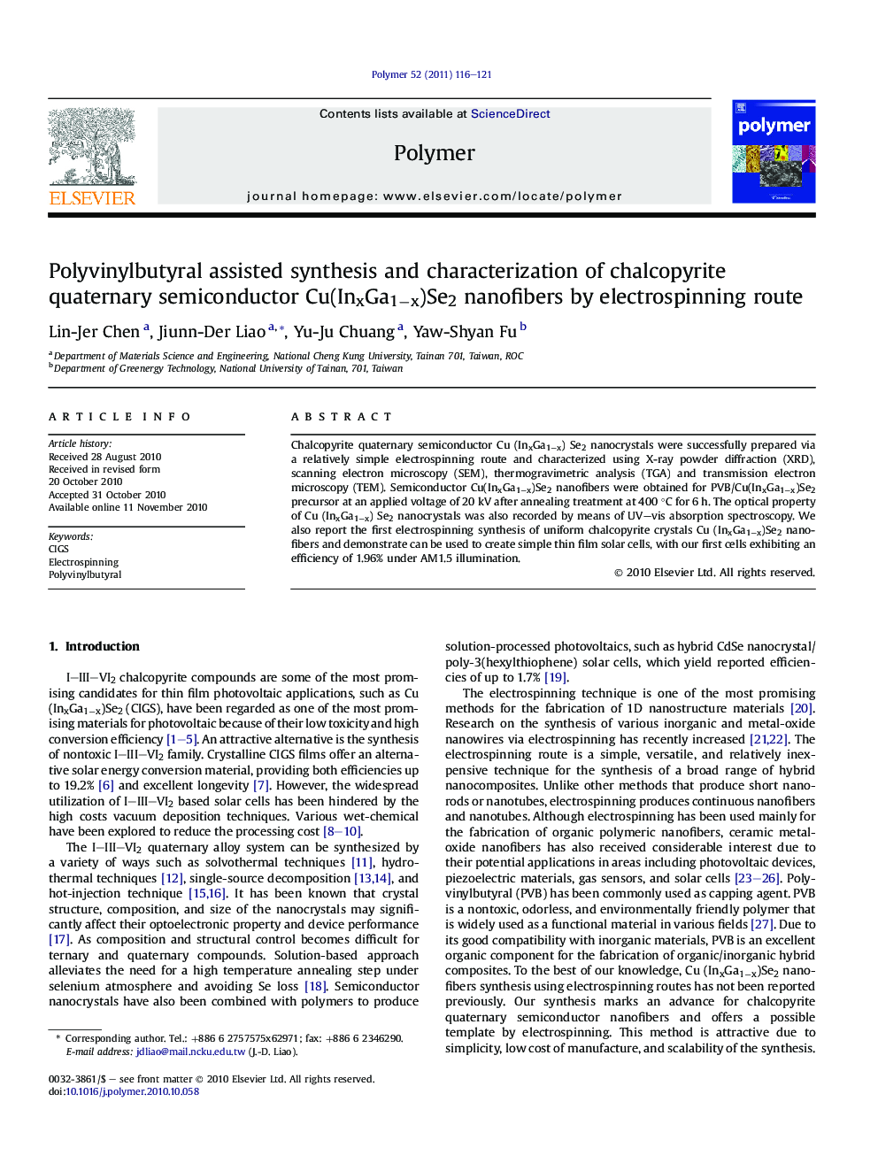 Polyvinylbutyral assisted synthesis and characterization of chalcopyrite quaternary semiconductor Cu(InxGa1âx)Se2 nanofibers by electrospinning route