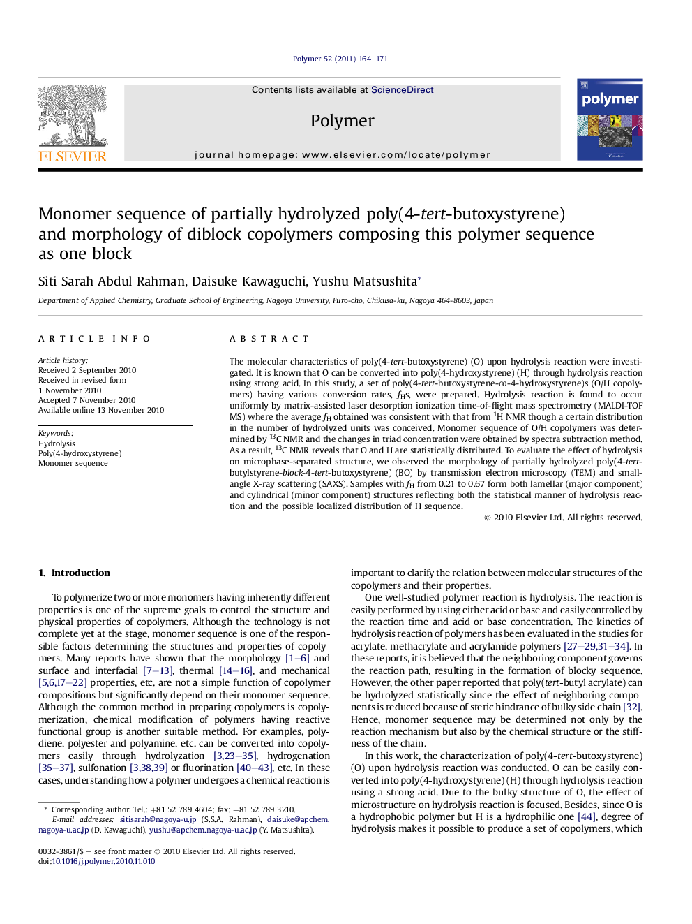 Monomer sequence of partially hydrolyzed poly(4-tert-butoxystyrene) and morphology of diblock copolymers composing this polymer sequence as one block