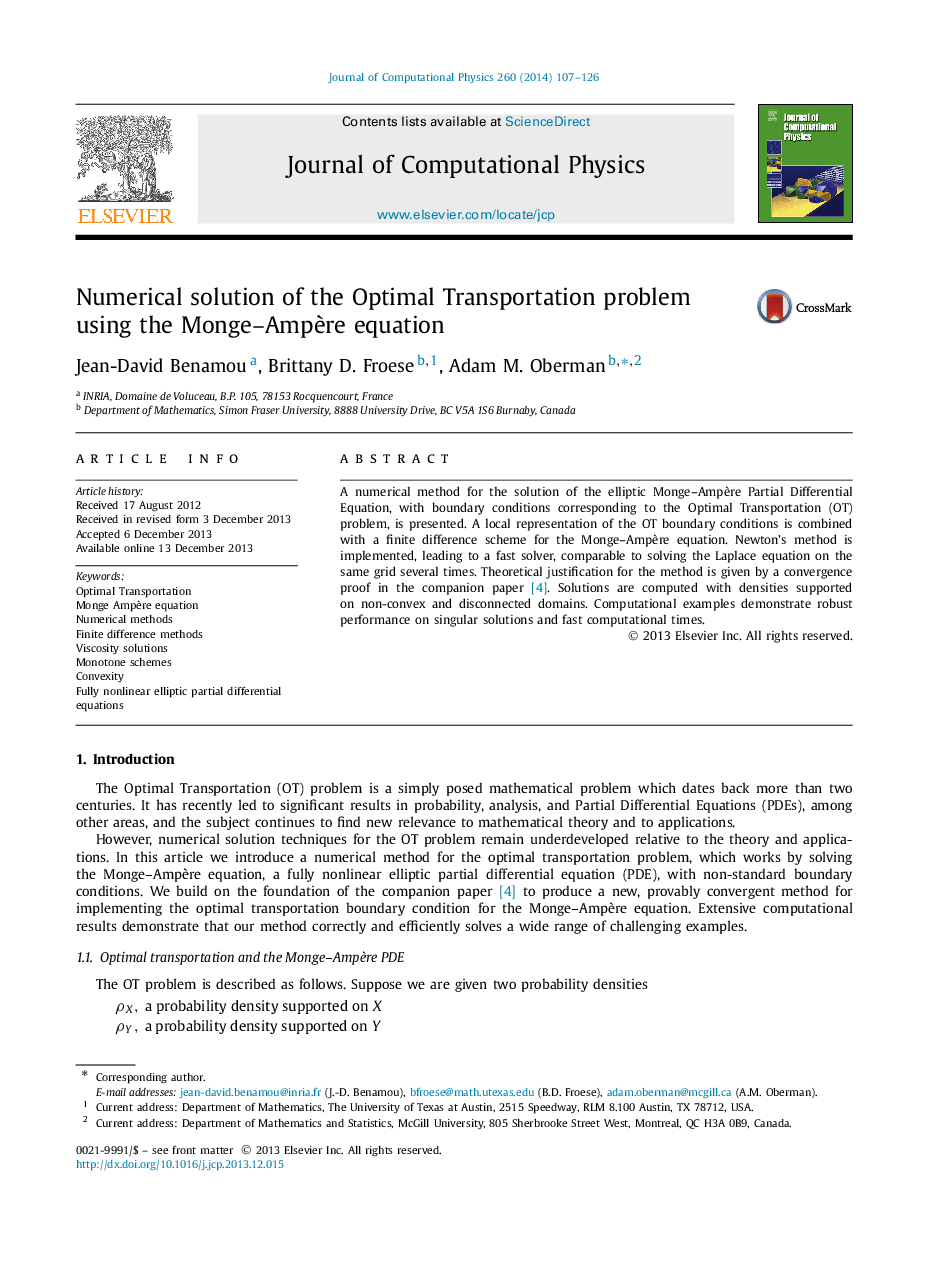 Numerical solution of the Optimal Transportation problem using the Monge–Ampère equation