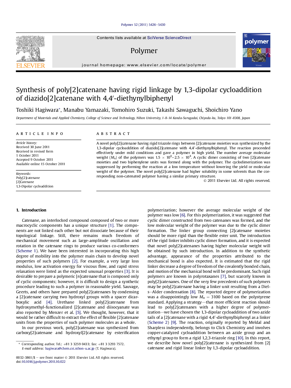 Synthesis of poly[2]catenane having rigid linkage by 1,3-dipolar cycloaddition of diazido[2]catenane with 4,4â²-diethynylbiphenyl