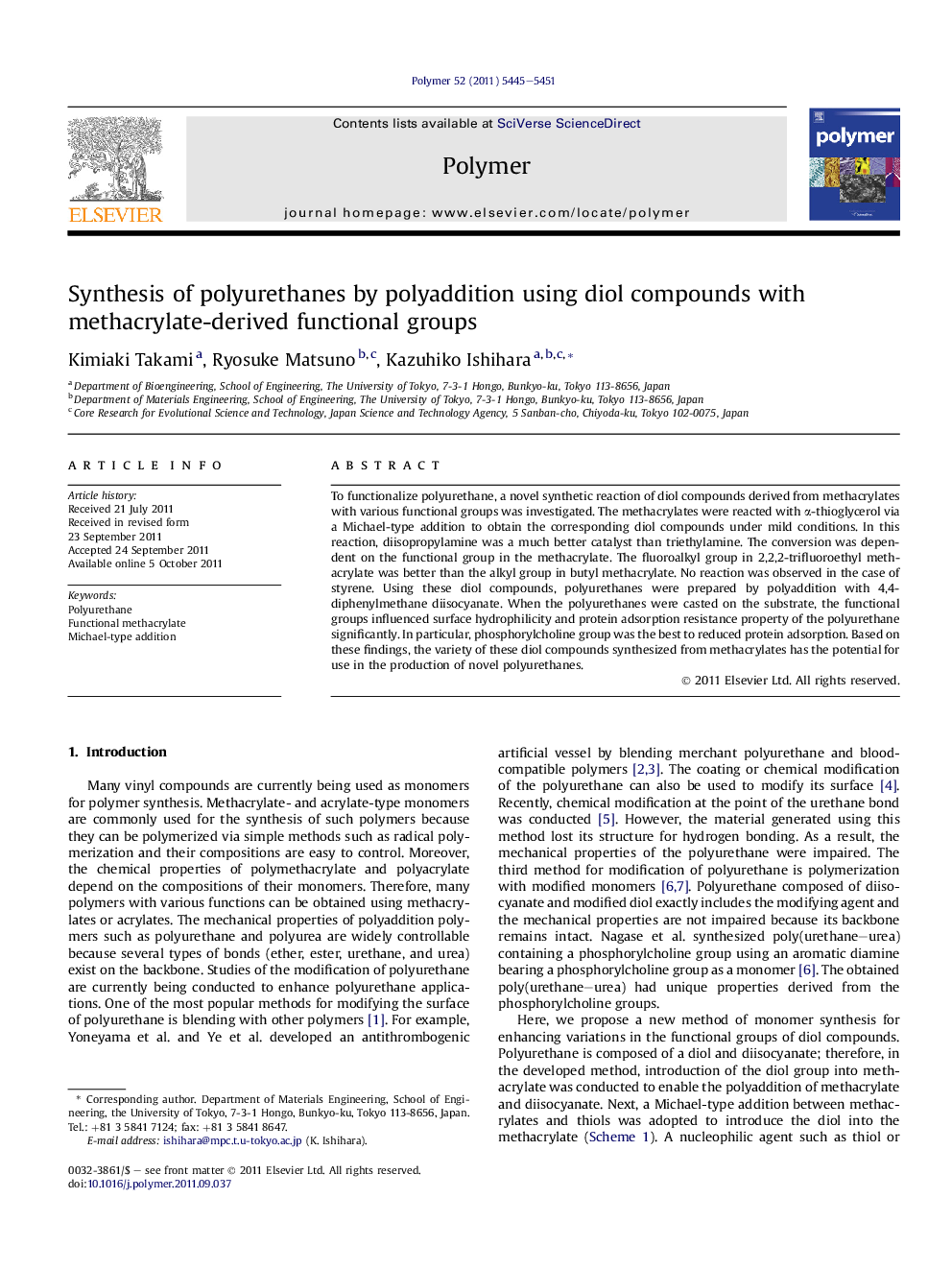 Synthesis of polyurethanes by polyaddition using diol compounds with methacrylate-derived functional groups