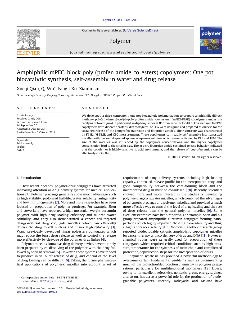 Amphiphilic mPEG-block-poly (profen amide-co-esters) copolymers: One pot biocatalytic synthesis, self-assembly in water and drug release