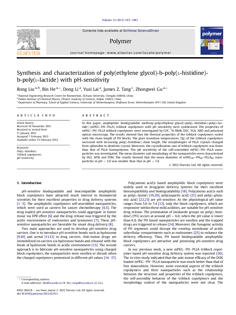 Synthesis and characterization of poly(ethylene glycol)-b-poly(l-histidine)-b-poly(l-lactide) with pH-sensitivity