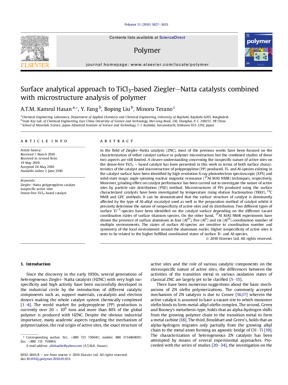 Surface analytical approach to TiCl3-based Ziegler-Natta catalysts combined with microstructure analysis of polymer