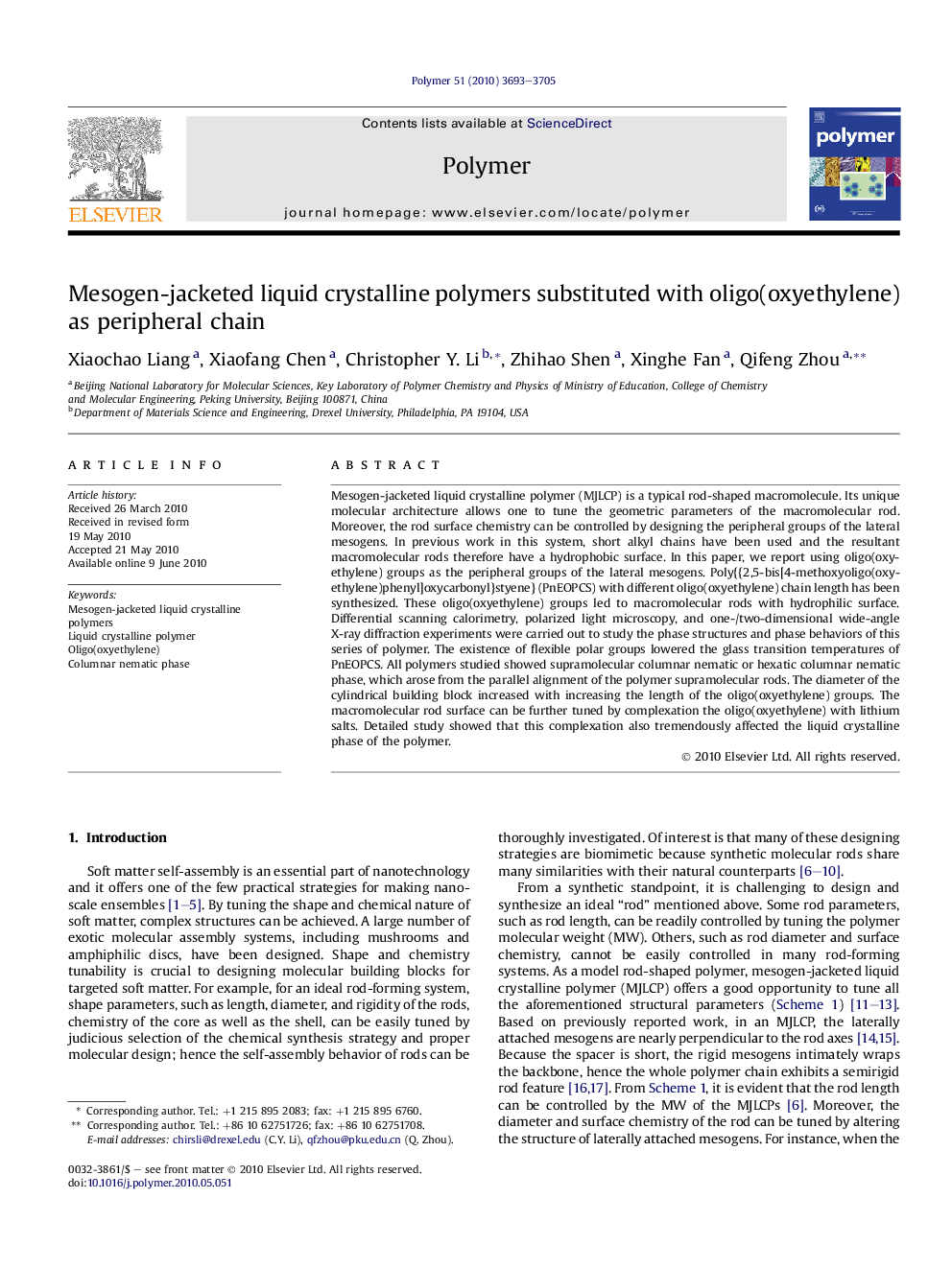 Mesogen-jacketed liquid crystalline polymers substituted with oligo(oxyethylene) as peripheral chain