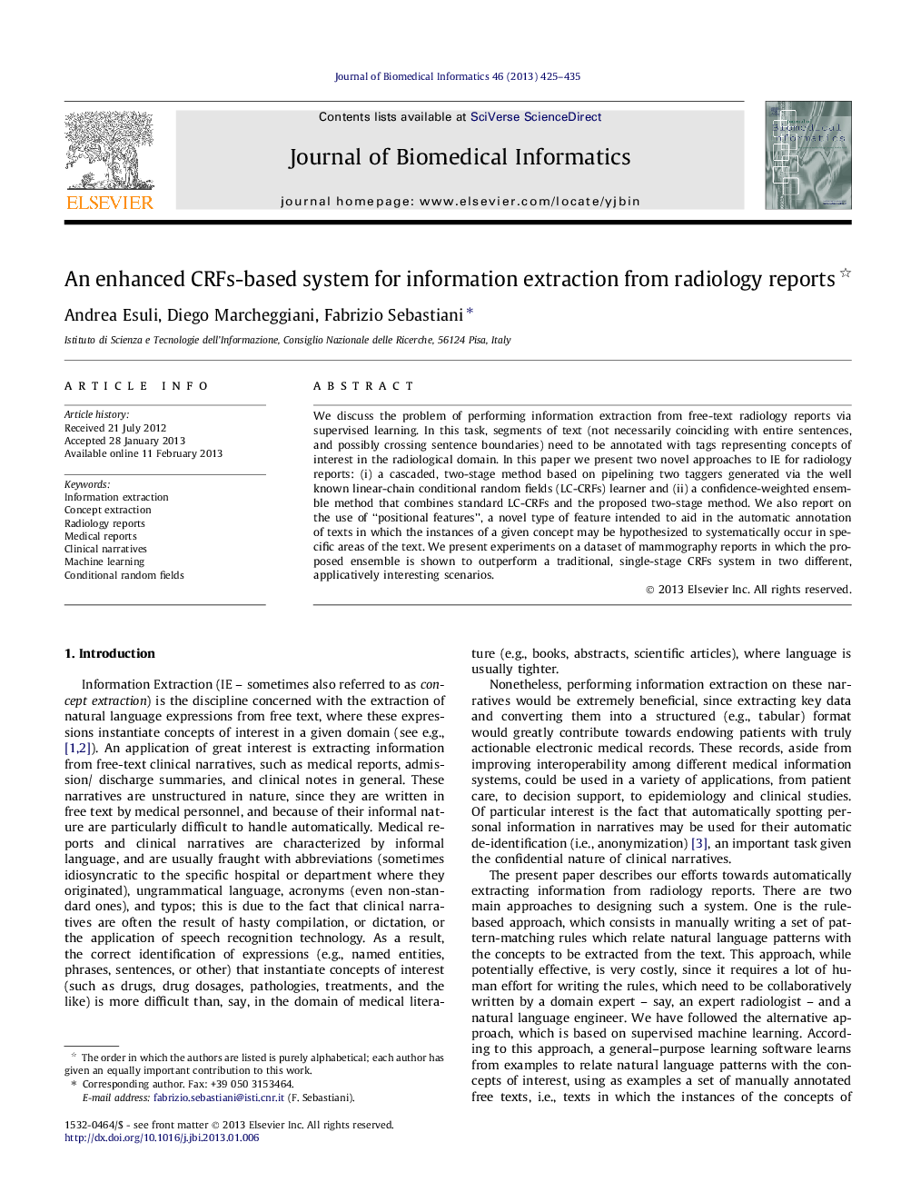 An enhanced CRFs-based system for information extraction from radiology reports 